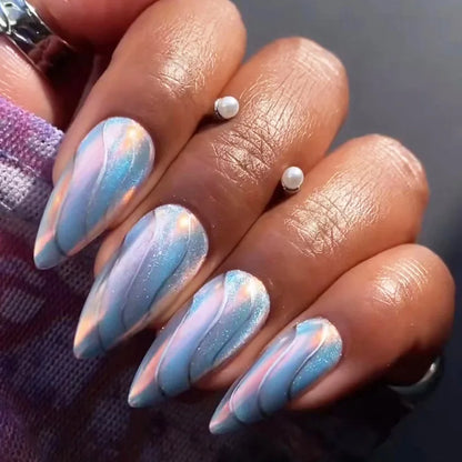 24Pcs Light Blue Smudge Fake Nails Press on Almond Gold Leaf Removable Long Full Cover Nail Tips Wearable Finished Nail Art