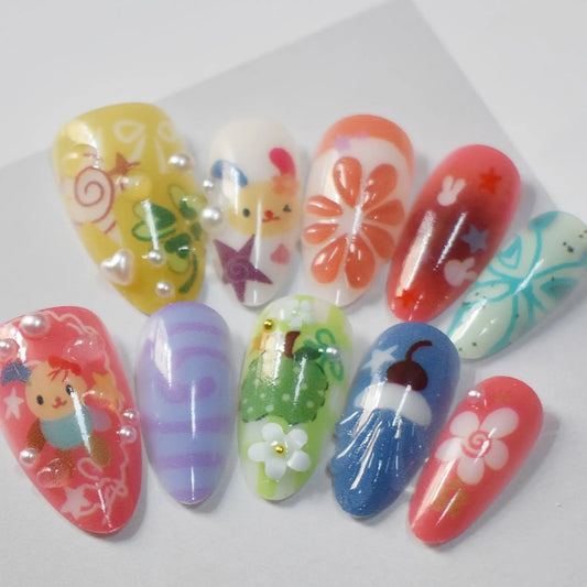 10pcs Handmade Press on Nails Sweet Cool Cartoon Fruit Star Print Fake Nails Wearable Detachable Ins Summer Almond False Nails