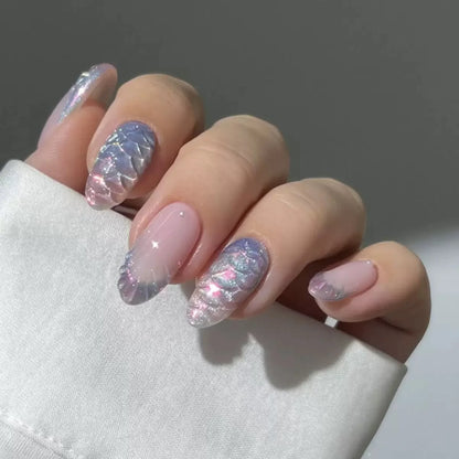 24Pcs Light Blue Smudge Fake Nails Press on Almond Gold Leaf Removable Long Full Cover Nail Tips Wearable Finished Nail Art