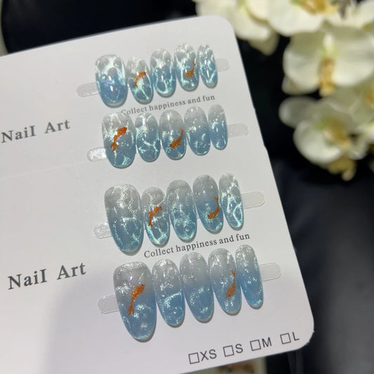 10pcs high-end The gentle water ripples on the French glacier blue ocean bottom gradually change with koi fish tails and cat eye