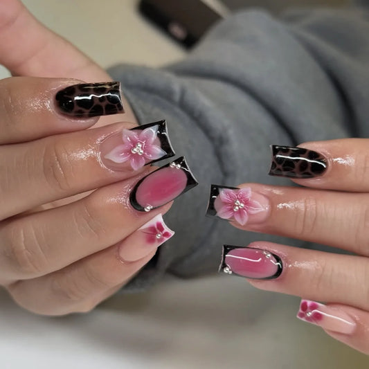 24pcs Leopard Print Full Cover Blush Nail Tips Finished Black French Fake Nail Gradient Flower Pearl Square Press on False Nails