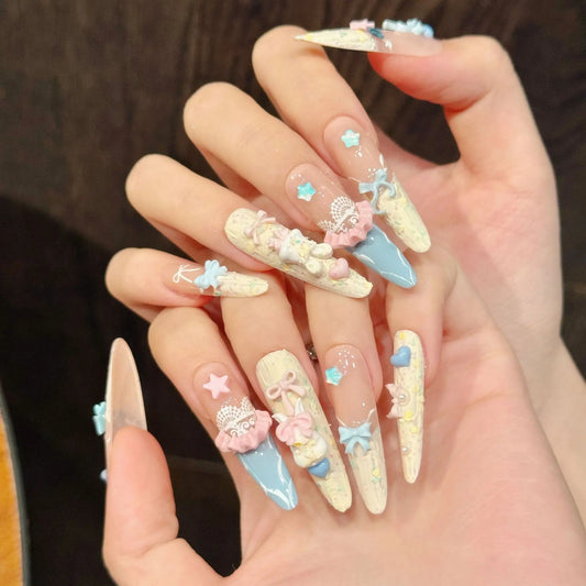 10pcs Handmade Pressed Stiletto Nail Art,Beautiful fake nails,Shiny Cute Star Bow Heart,Suitable For Women,Mother's Day Gift.