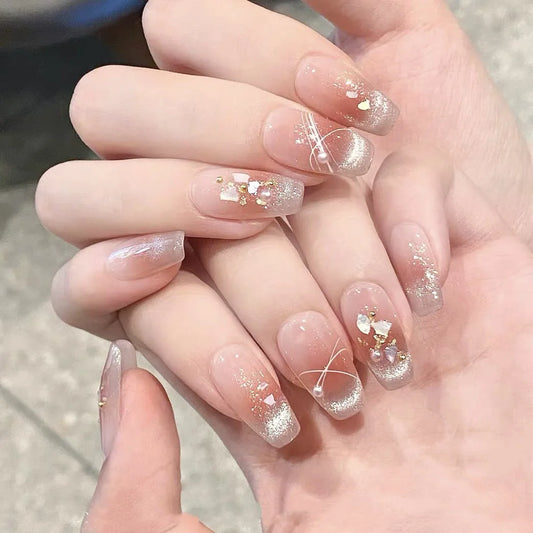 10Pcs Mid-length Ballet Handmade False Nails Cat's Eye French Dot Fake Nails 3D Bow Rose Rhinestone Reusable Press on Nails Tips