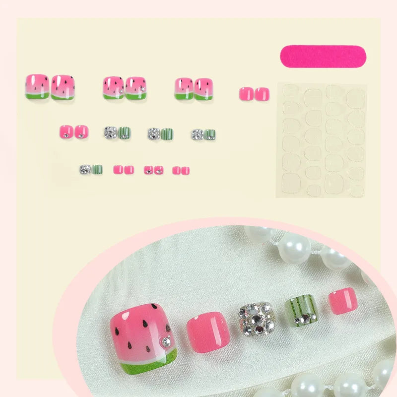 24pcs Colorful Painted Watermelon Fake Toenails Little Fresh Summer Beach Wearable False Toenail Shiny Diamond Press On Toenails