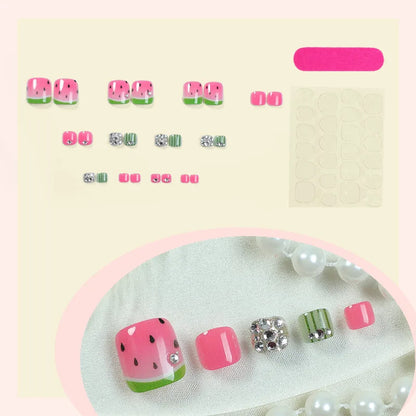 24pcs Colorful Painted Watermelon Fake Toenails Little Fresh Summer Beach Wearable False Toenail Shiny Diamond Press On Toenails