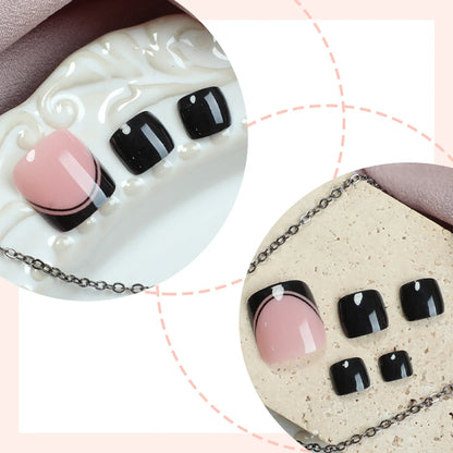 24Pcs Black French Tips Fake Toenails Nude Color Wearable Press on Nails for Foot Summer DIY Manicure Women Girls False Toe Nail