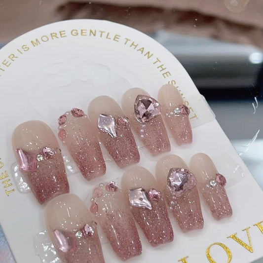 10pcs Summer Shining Love Shining Gradient Handmade False Nails,Bubble Rose False Nail,Women/Girls' Festival Gifts,Mother's Day