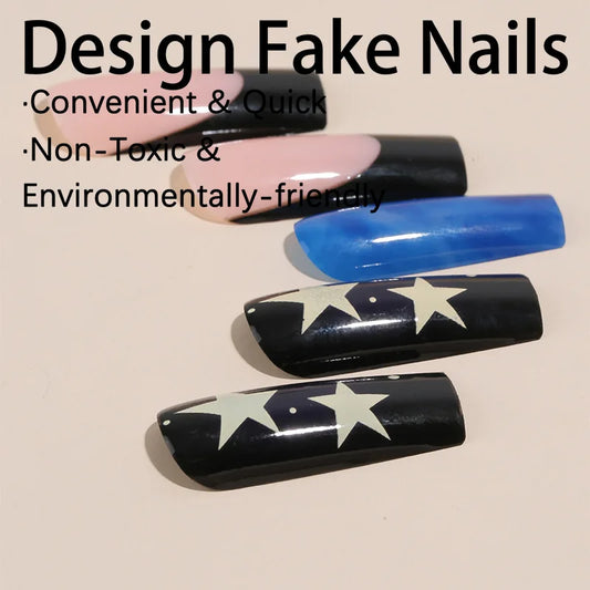 24pcs Blue Halo False Nail 3D Bead Spider Star Decor Fake Nail Patches Wearable Ballet Coffin European Style Press on Nail Tips