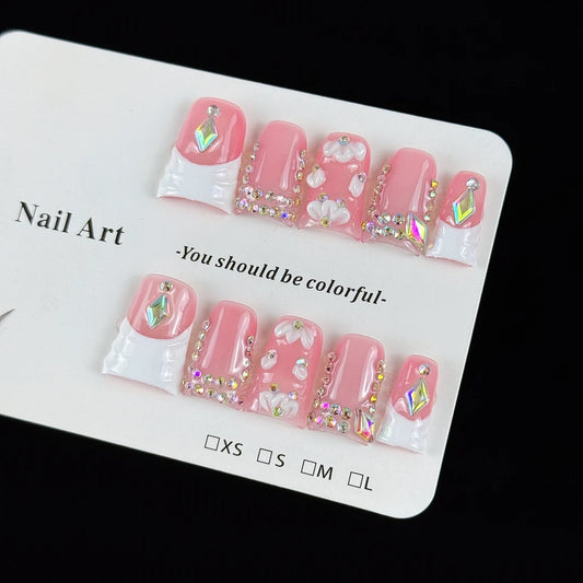 10pcs high-end Pink lady style, hand-painted three-dimensional petals, dazzling rhinestones handmade fake nails