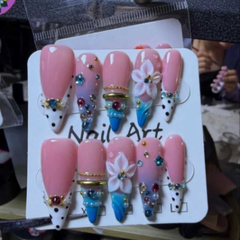 10pcs Long Polka Dot French Stiletto Handmade Press on Nails 3D Flower False Nails with Colorful Pearl Design Uñas Postizas 네일팁