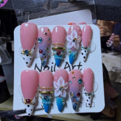 10pcs Long Polka Dot French Stiletto Handmade Press on Nails 3D Flower False Nails with Colorful Pearl Design Uñas Postizas 네일팁