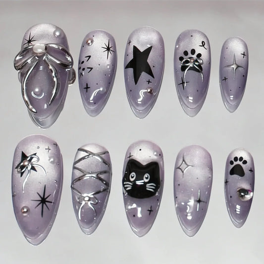 24pcs Purple Full Cover Nail Tips Sweet Cool Cat Simple Diamond Press on Fake Nail Art Bow Starlight Design Stick on False Nail