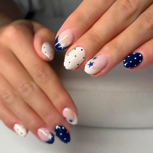 24Pcs Blue French Polka Dot Press on False Nails Art Simple Pentagram Fake Nails Short Round Head Reusable Full Cover Nails Tips