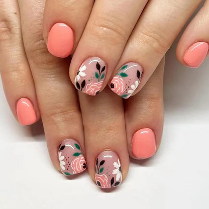 24pcs Wearable Full Cover Nail Ins Colorful Flower Design Stick on False Nails Short Square Press on Nails Nude Pink Fake Nail