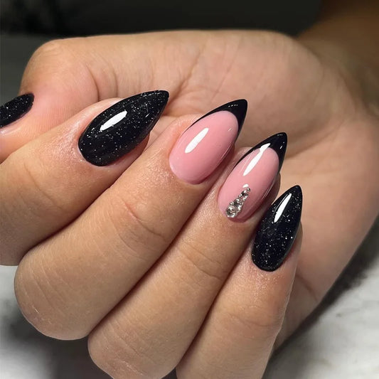 24Pcs Black Almond Oval Short False Nail Full Cover Rhinestone Design French Shiny Manicure Wearable Fashion Simple Nail Art Set