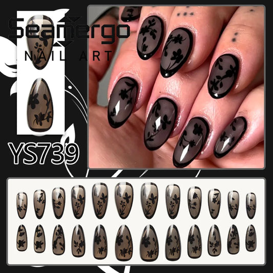24PCS Short Almond Fake Nails Black Flower Design Autumn Winter Press on Nails Hot Girl Cool Style Removable Nail Art for Women