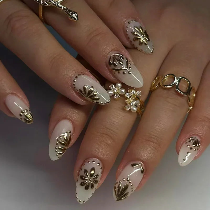 24Pcs Short Almond Fake Nails Butterfly Wings Nail Art with Glue Glitter Flower False Nails Acrylic Autumn Winter Press on Nail