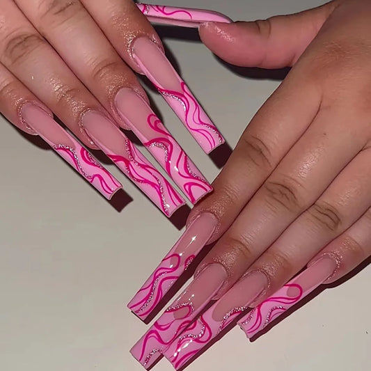 24Pcs Long Square Head French Fake Nails Pink Line Shiny Powder Press on False Nails Art Wearable Finished Full Cover Nails Tips