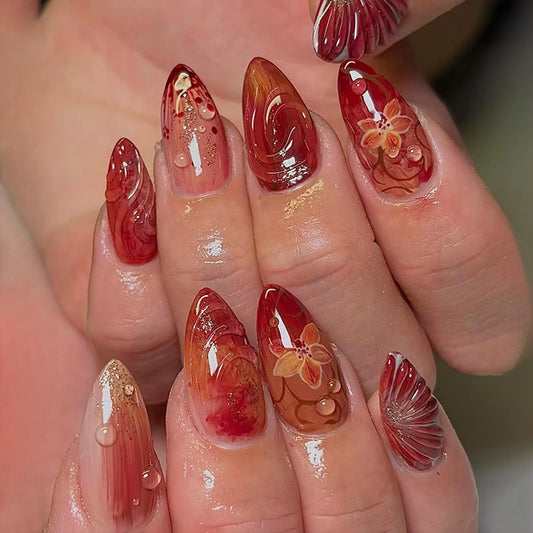 30Pcs Red Flower Press On Nails With Glitter Glossy Artificial Nails For Party Wedding