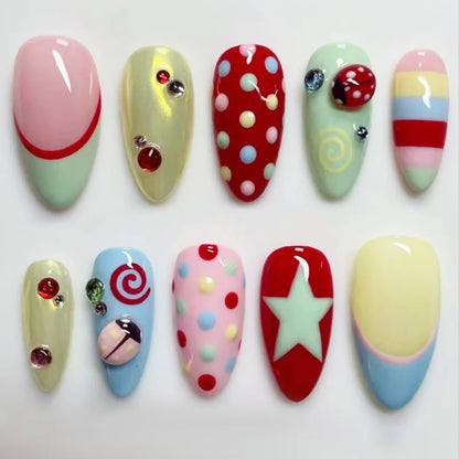 24PCS Almond Beach Theme Press on Nails Lobster Puffer Fish Starfish Design False Nails European American Sweet Spicy Nails Art