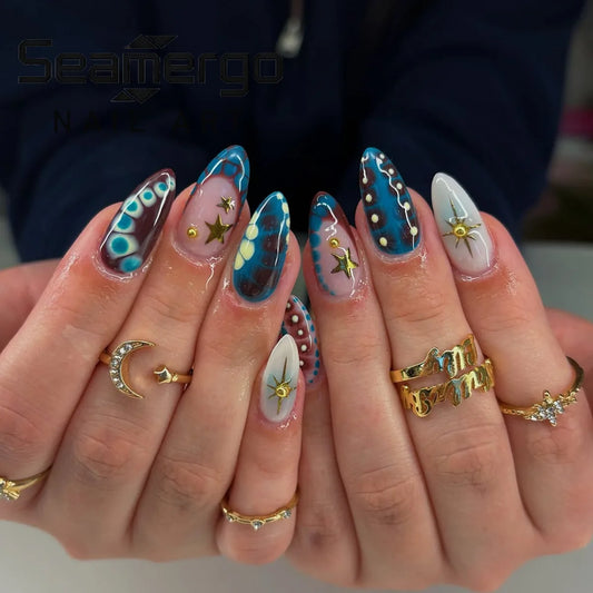 24PCS Almond Shape Fake Nails with Gold Stars Gilded Spots French Design Press on Nails Hand Drilled Full Cover Removable Nails