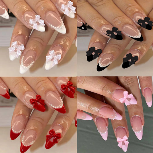 96PCS French Pointed Nail Medium Almond Fake Nail With Pearl And 3d Bow Design Fake Nail For Ladies And Girls Acrylic Nail