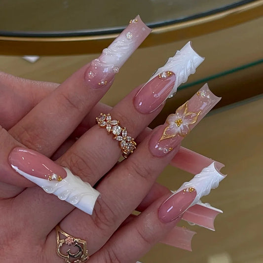 24pcs White French Full Cover Nail Tips Flower Pearl Square Nails Sets Sweet Long Coffin Press on Fake Nails Reusable False Nail