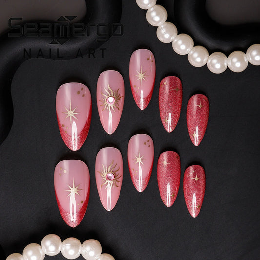 24PCS Pink Red Almond Press on Nails Sun Star Rhinestone Cat Eye Decor Glossy Reusable False Nails for Sweet Spicy Girls Wear 네일
