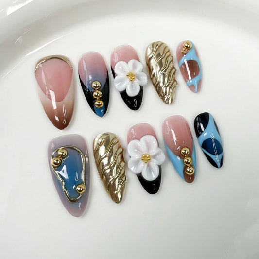10Pcs Rainbow Color Baroque Diamond Design Fake Nails Handmade Press on Nails Light Luxury Almond Wearable Fashion Nail Tips Art