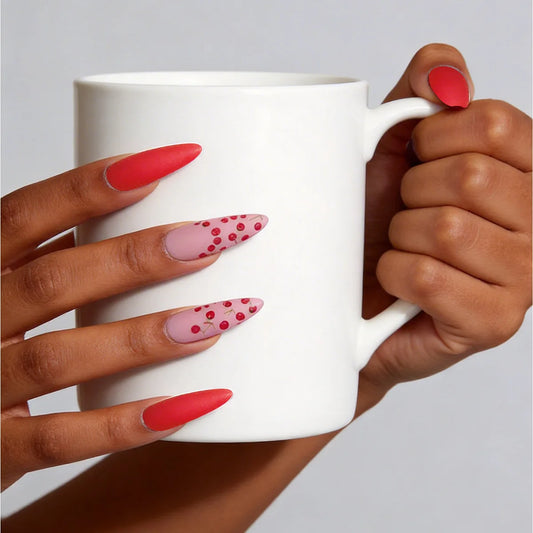 24Pcs Red Spots Long Tips False Nails Wearable Acrylic Artificial Nail Art Cherry Pattern Sanded Nails Set Full Cover Press Ons