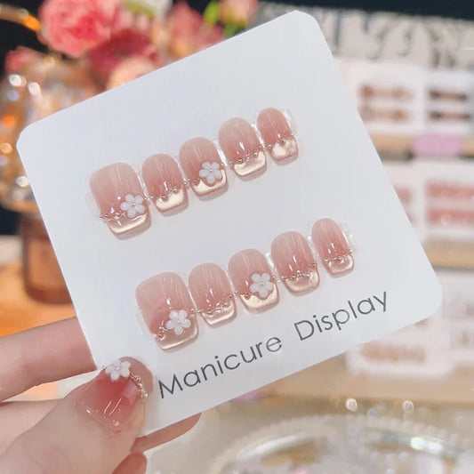 10Pcs Handmade Press on Nails Sweet Cute Fruit Full Cover Butterfly Rhinestone Short Square Ballerina Wearable Fake Nails Tips