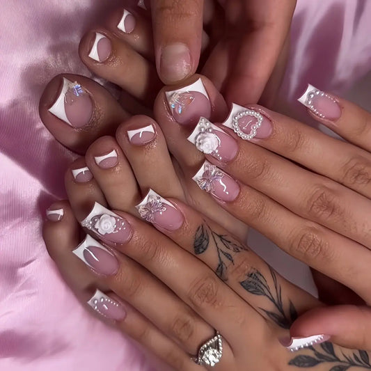 48Pcs White Edge False Toenails Glitter Nude Pink Fake Nails Set for Women Girls Summer Wearable Simple French Press on Nails