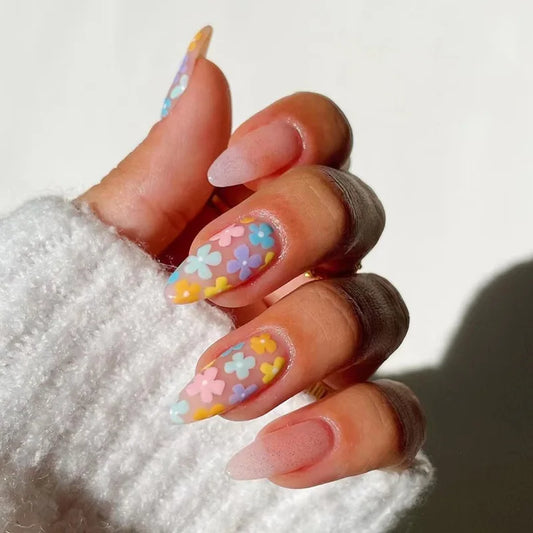 24Pcs Pink Oval Mid-length Fake Nails Flower Colorful Pattern Summer Lovely Design Finished Nail Tips Reusable Nails French Tool