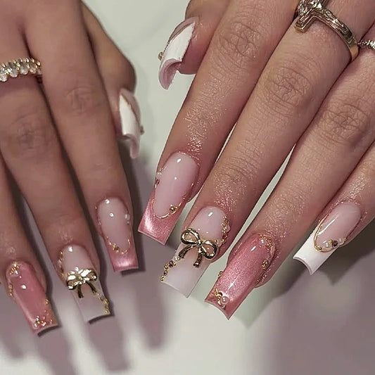 24PCS Glitter Pink French Simple Press on False Nails Golden Bow Patterns Sweet Cool Long Square Fake Nails Spice Girls Wearable
