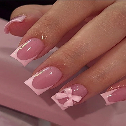 24PCS Square Short Fake Nails, Bare Pink Fake Nails, Bow Design, Press Type Nail, Smooth Surface, Fully Covered Acrylic Nails