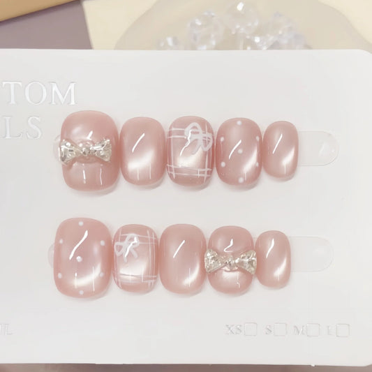 10pcs Cat's Eye Handmade False Nails Art Wearable Aurora Pink Short Square Fake Nail Tips with Bow Diamond Design Press on Nails