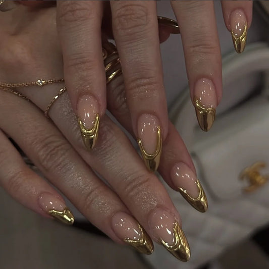 24pcs Golden French Almond Press on Nails False Nails Wearable Stick-on Nails Fake Nail Накладные Ногти 네일팁 Uñas Postizas Mujer