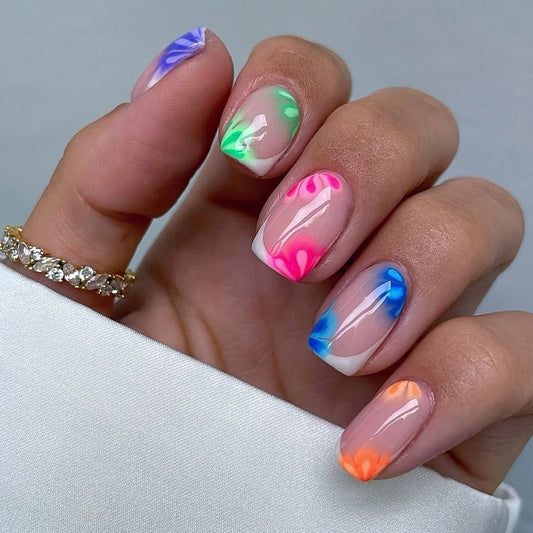 24pcs Wearable False Nails French Purple Short Square Fake Nail Tips Simple Love Stripes Design Ballet Press on Nails Finished