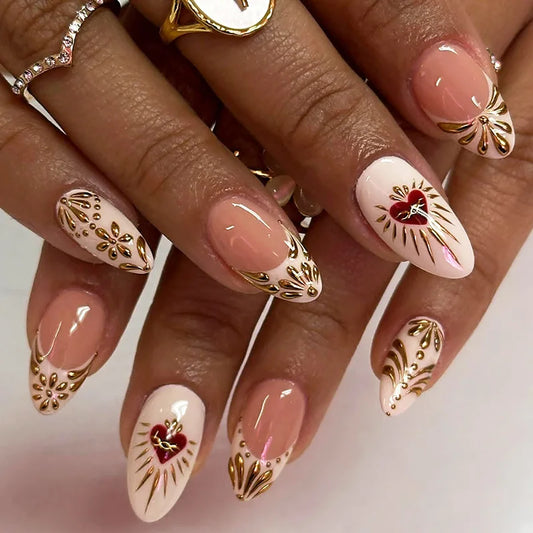 24pcs Baroque Style Fake Nails Spice Girls Red Heart Press on Nails Wearable Reusable Short Almond French False Nail Tips