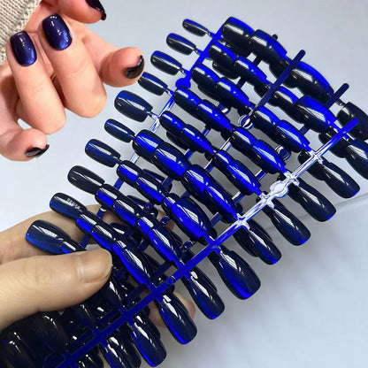 30/144Pcs Glossy Dark Blue Cat Eye False Nails Sparkly  Medium Oval Blue Press On Nails Artificial Full Cover Finger Fake Nails