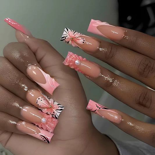 24Pcs White French Brown Smudge Fake Nails Long Square Head Detachable Press on False Nails 3D Flower Cherry Pearl Manicure Tips