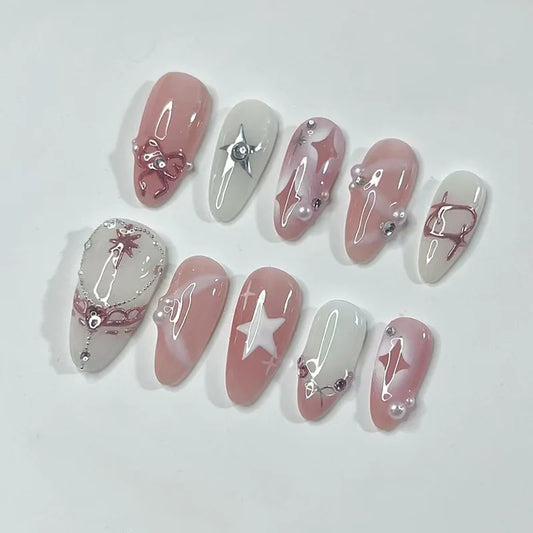 24pcs Wearable False Nails Sets Sweet Rhinestone Pearl Mid-length Almond Press on Nails Art with Star Bow Design Fake Nail Tips