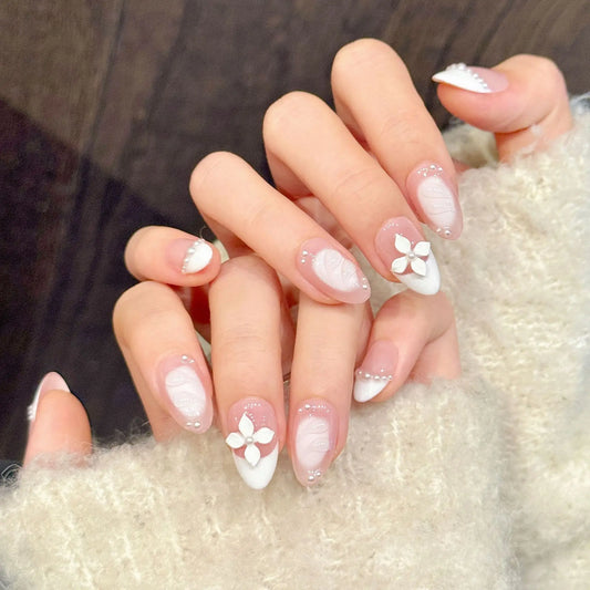 10Pcs Short Almond Handmade Press on Nails Full Cover White Flowers Pearls Chain Designs French False Nail Art Wearable Manicure