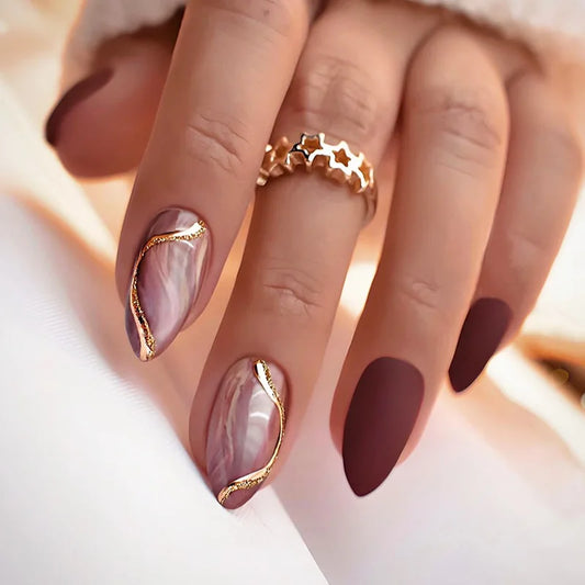 24pcs Almond False Nails Art Glitter Gold Lines Full Cover Nail Smudge Design Wine Press on Nails Tip Acrylic Fake Nail Finished