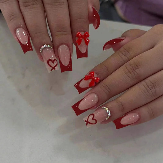 24pcs Red Mid-length Fake Nail French Ballet Nails Sets Press on Bow Rhinestone Design False Nails Reusable Coffin Manicure Sets