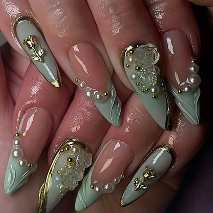 24Pcs Short Almond Fake Nails Butterfly Wings Nail Art with Glue Glitter Flower False Nails Acrylic Autumn Winter Press on Nail