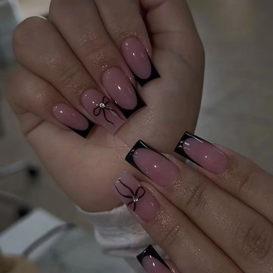 24pcs Black French Fake Nail Tips Hottie Bow Square False Nail Sets Woman with Rhinestone Design Ballet Reusable Press on Nails