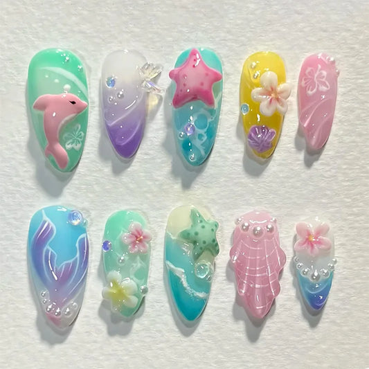 24pcs Summer Beach False Nails Art Reusable Colorful Almond Press on Nails Sets with Star Flower Design Fake Nail Tips Finished