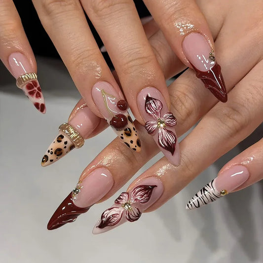 24pcs Sweet Pink Smudge Press on False Nails Full Cover 3D Bow Heart Pearl Fake Nail Butterfly Rhinestone Reusable Manicure Tips
