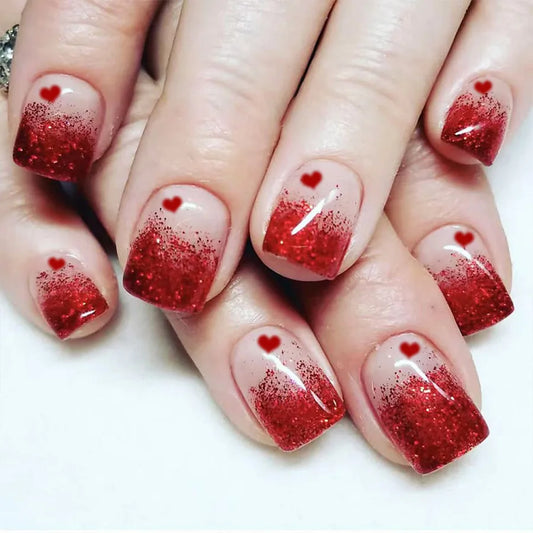 24pcs Simple Short Square False Nails Rose Red Full Cover Nail Tip with Love Design Fake Nail Finished Datachable Press on Nails